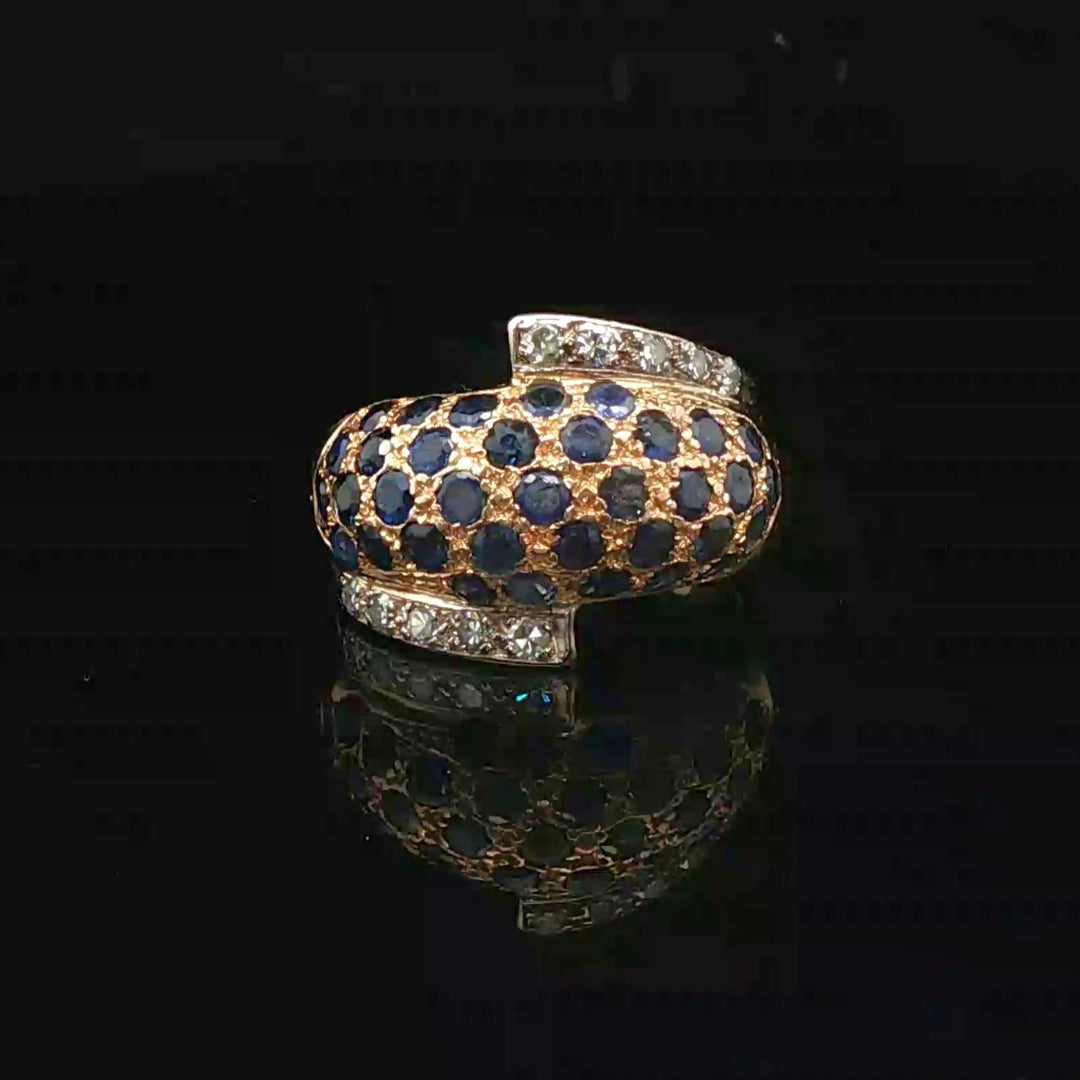 18k Yellow Gold Blue Sapphire and Diamond Bypass Bombe Ring Size 9