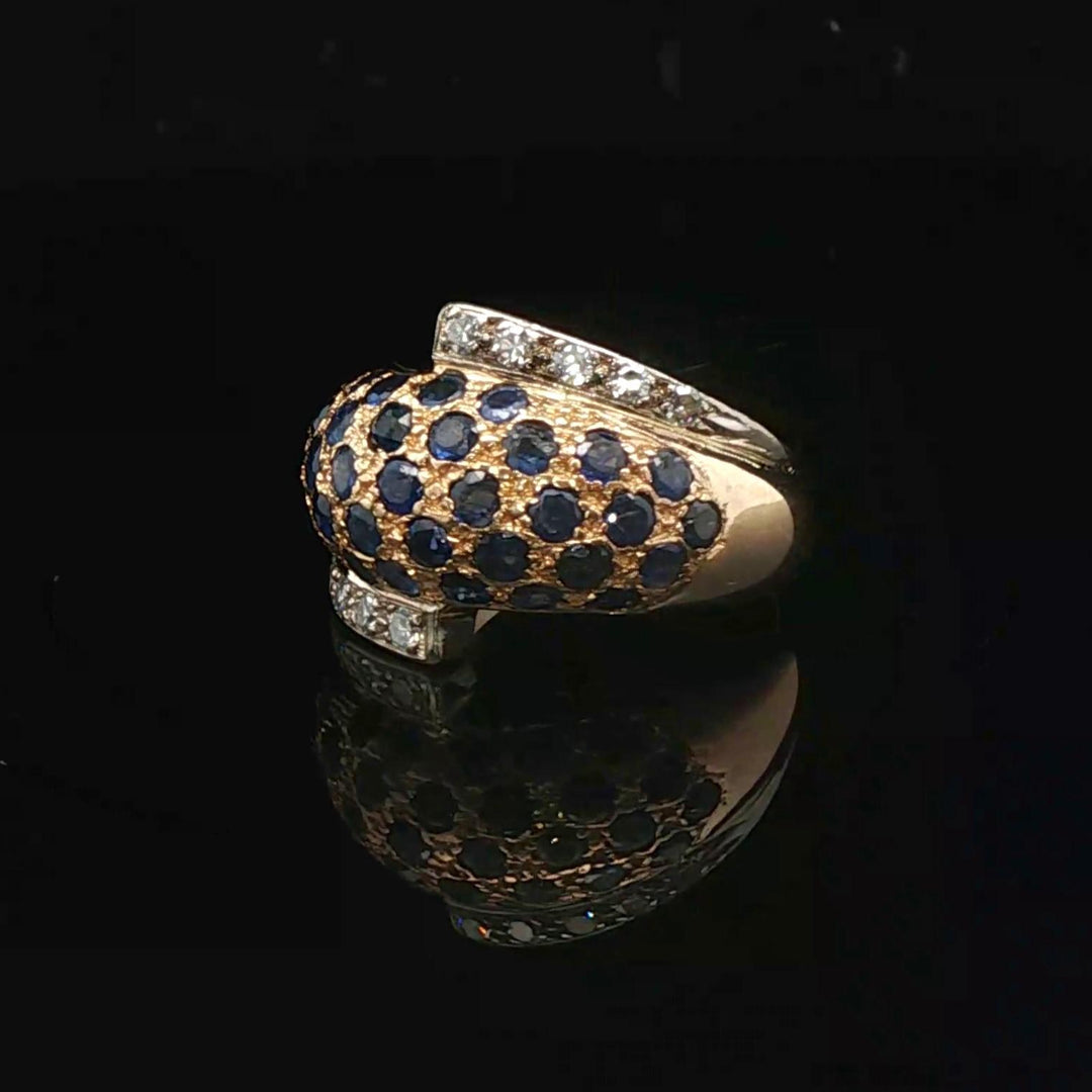 18k Yellow Gold Blue Sapphire and Diamond Bypass Bombe Ring Size 9