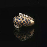 18k Yellow Gold Blue Sapphire and Diamond Bypass Bombe Ring Size 9