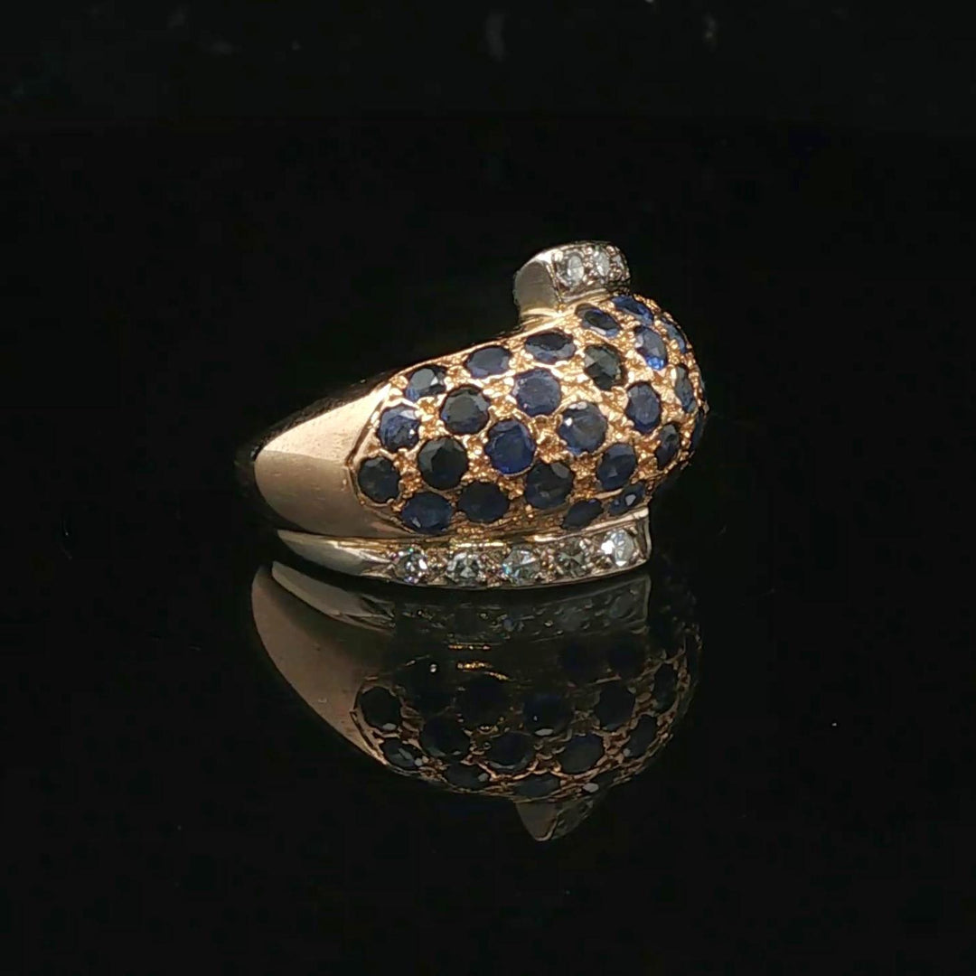 18k Yellow Gold Blue Sapphire and Diamond Bypass Bombe Ring Size 9