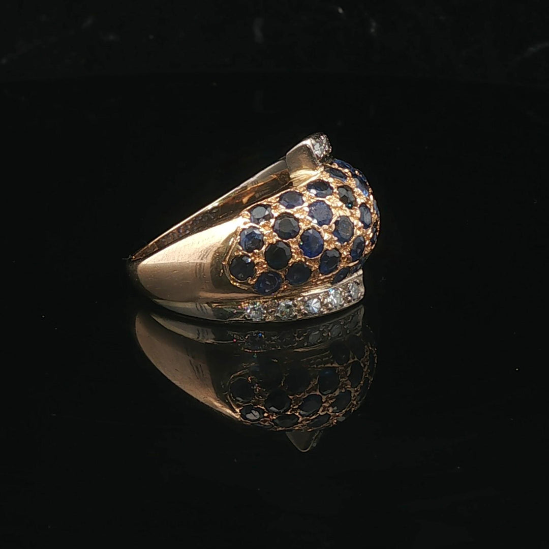 18k Yellow Gold Blue Sapphire and Diamond Bypass Bombe Ring Size 9