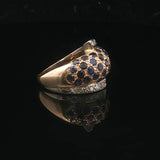 18k Yellow Gold Blue Sapphire and Diamond Bypass Bombe Ring Size 9