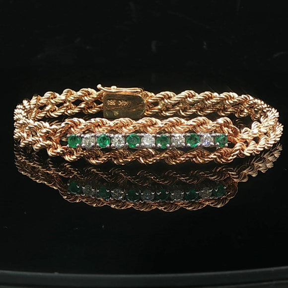 14k Yellow Gold Emerald and Diamond 10.6g Double Rope Bracelet 7