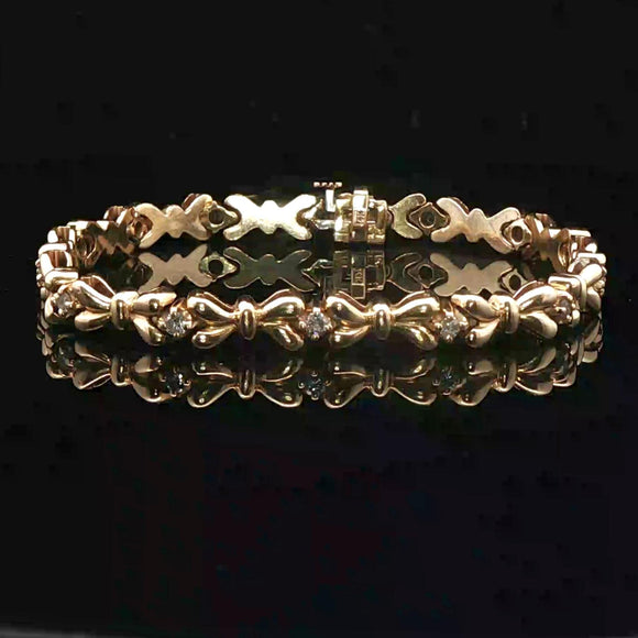14k Yellow Gold and Diamond 16.5g Solid Vintage Bow Link Bracelet 6.75