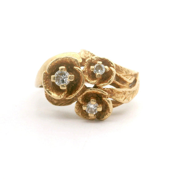 14k Yellow Gold 4.7g Vintage Floral Three Diamond Ring Size 7.5