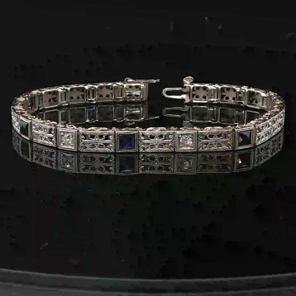 14k White Gold Blue Sapphire and Diamond Vintage Filigree Bracelet 6.5