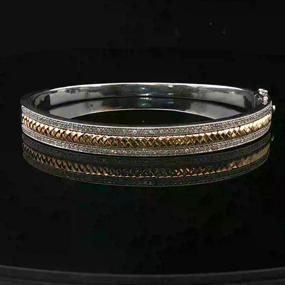 14k White and Yellow Gold Diamond Solid Heavy 22.4g Bangle Bracelet 6.75