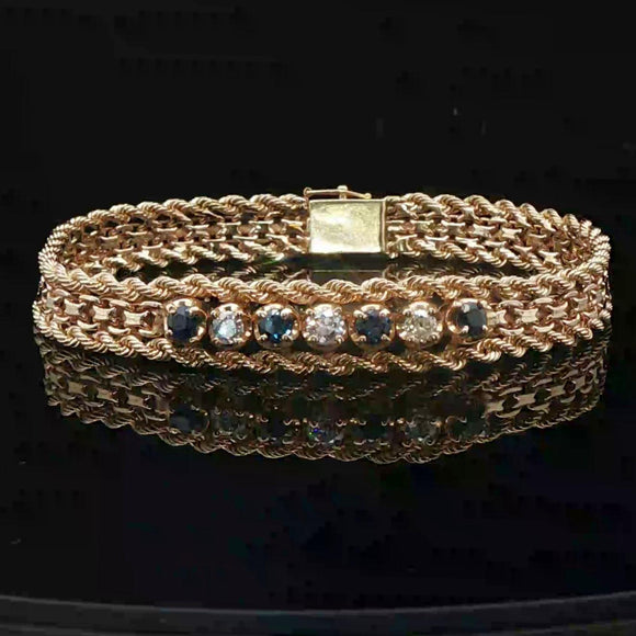 14k Yellow Gold Blue Sapphire and Diamond Rope and Bismark Bracelet 7.5