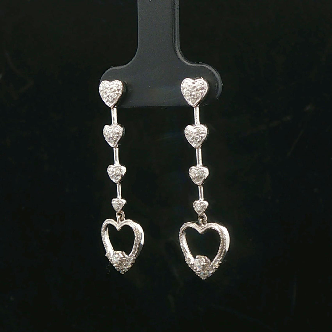 18k White Gold and 0.50cttw Diamond Heart Dangle Drop Earrings 1.5"