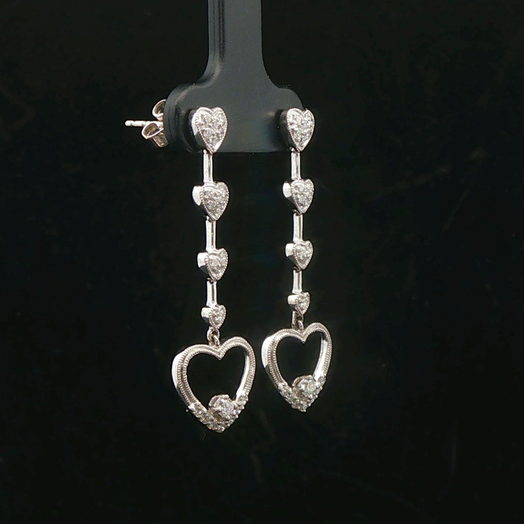 18k White Gold and 0.50cttw Diamond Heart Dangle Drop Earrings 1.5"