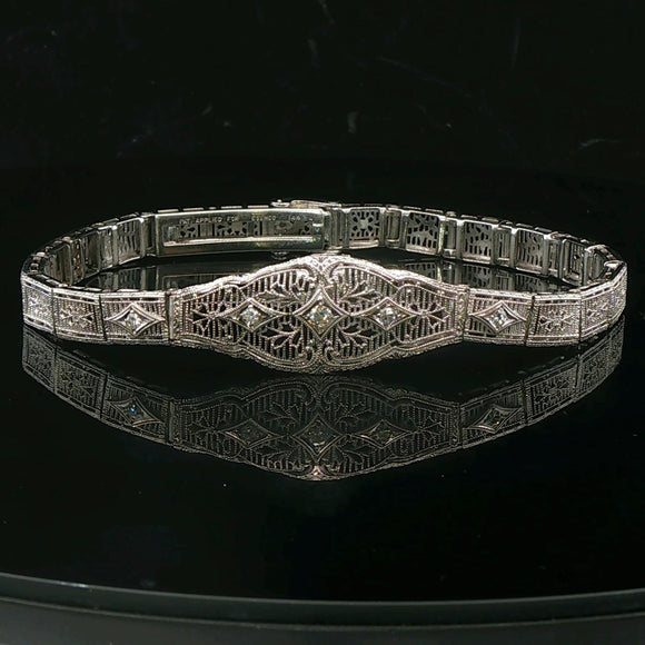 14k White Gold and Diamond Vintage Intricate Filigree Bracelet 7.25