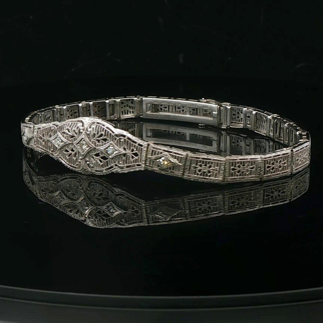 14k White Gold and Diamond Vintage Intricate Filigree Bracelet 7.25"