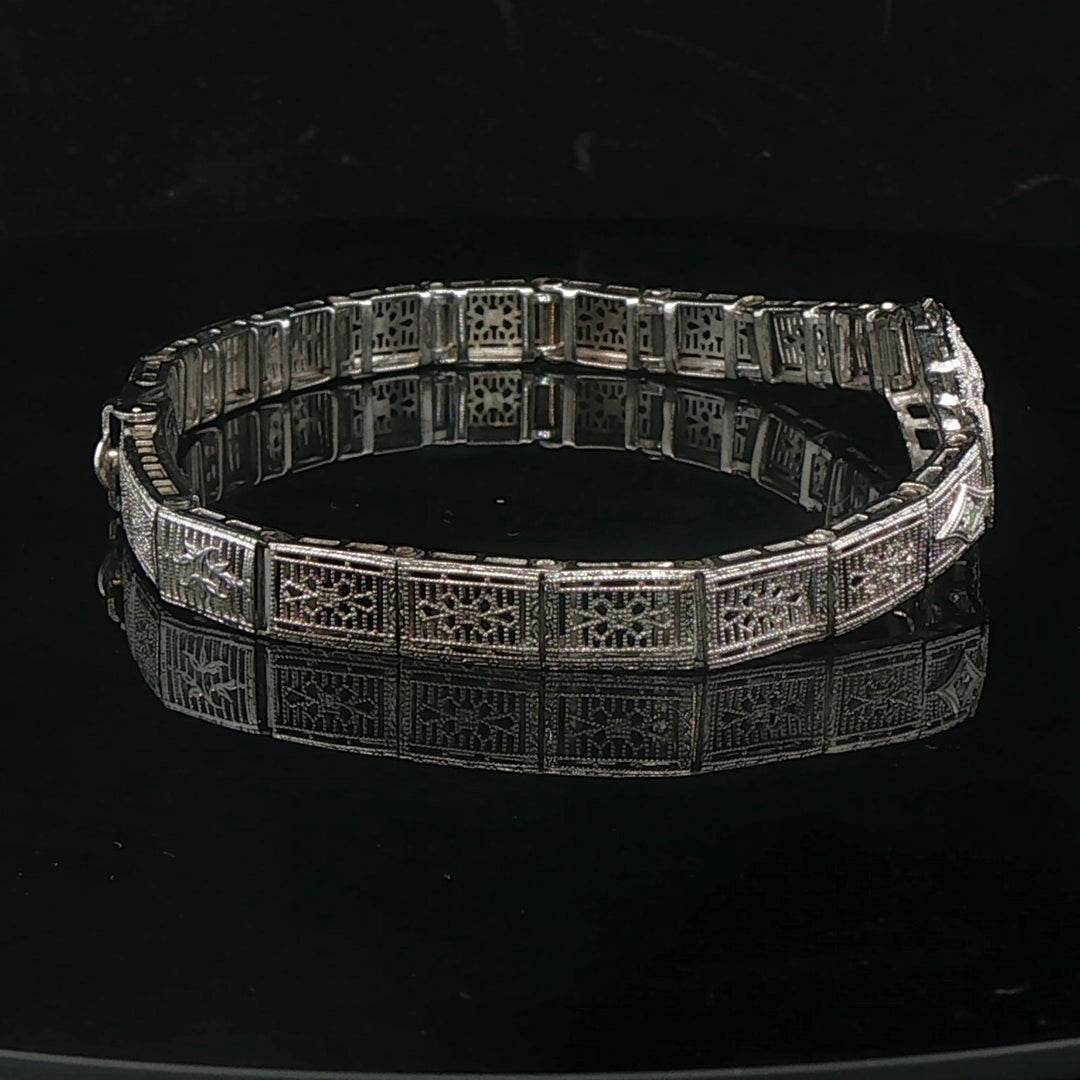 14k White Gold and Diamond Vintage Intricate Filigree Bracelet 7.25"