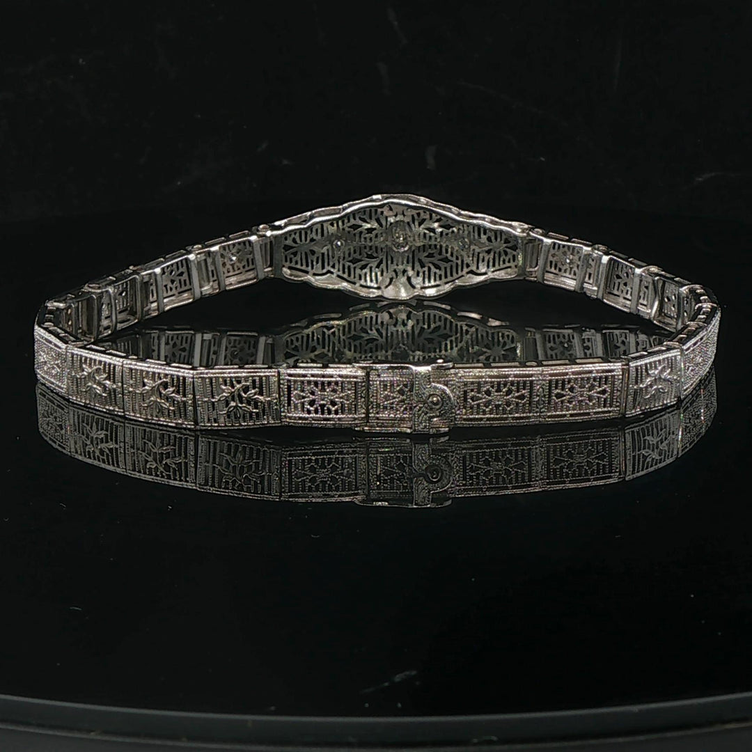 14k White Gold and Diamond Vintage Intricate Filigree Bracelet 7.25"