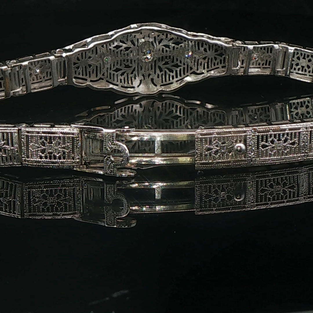 14k White Gold and Diamond Vintage Intricate Filigree Bracelet 7.25"