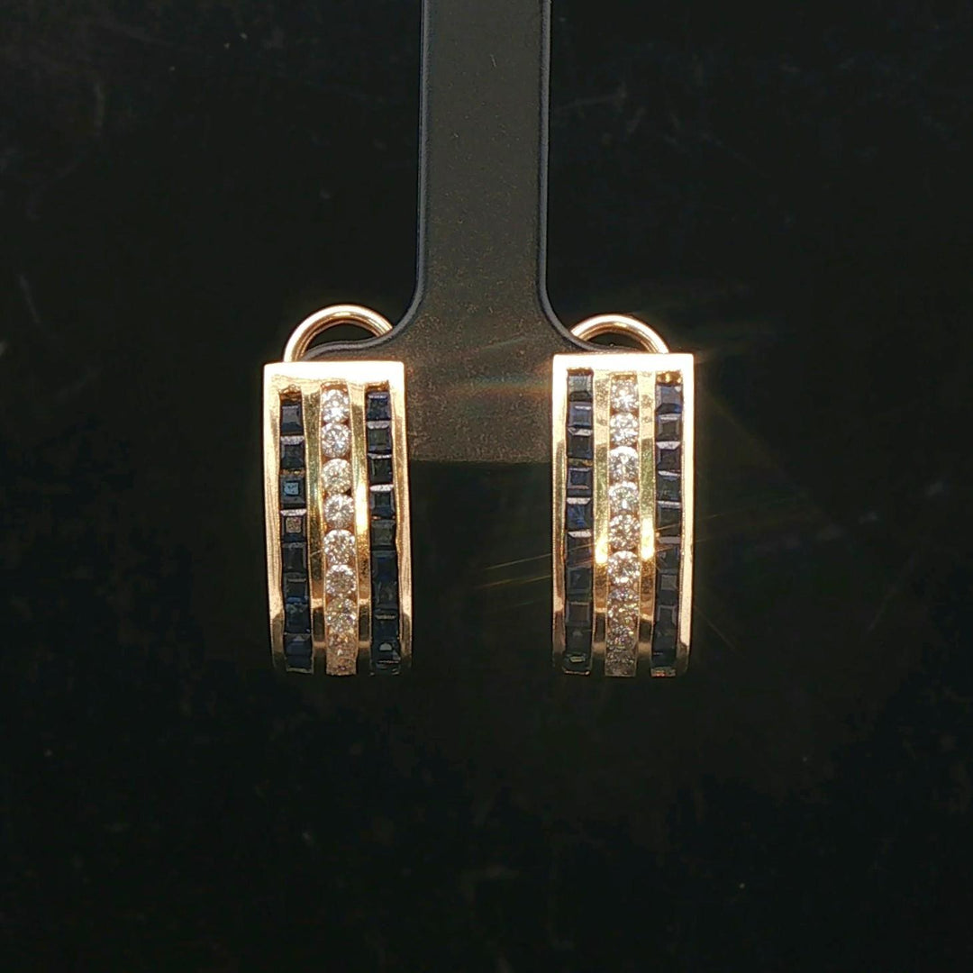 14k Yellow Gold Blue Sapphire and Diamond 9g Huggie Earrings