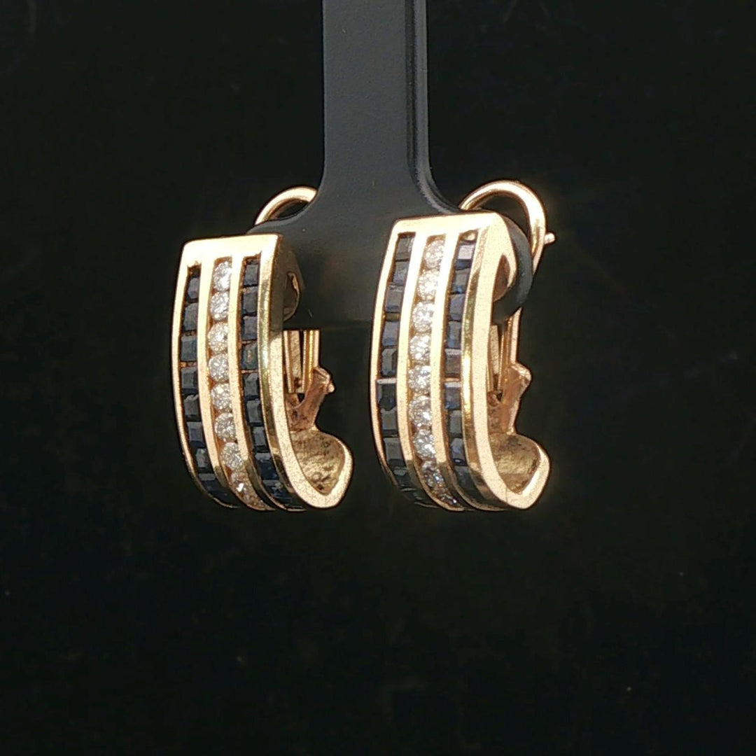14k Yellow Gold Blue Sapphire and Diamond 9g Huggie Earrings