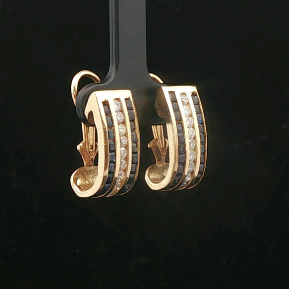 14k Yellow Gold Blue Sapphire and Diamond 9g Huggie Earrings
