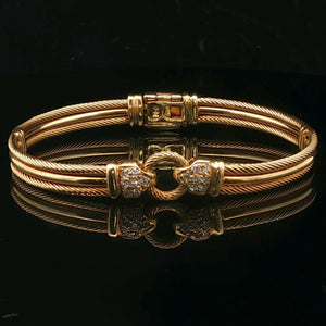 18k Yellow Gold and Diamond Vintage Cable Bangle Bracelet 6.5"