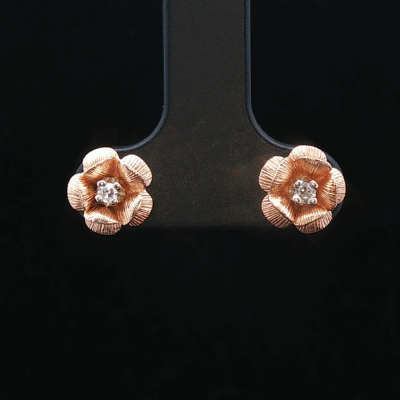 14k Rose Gold and Diamond Floral Stud Earrings