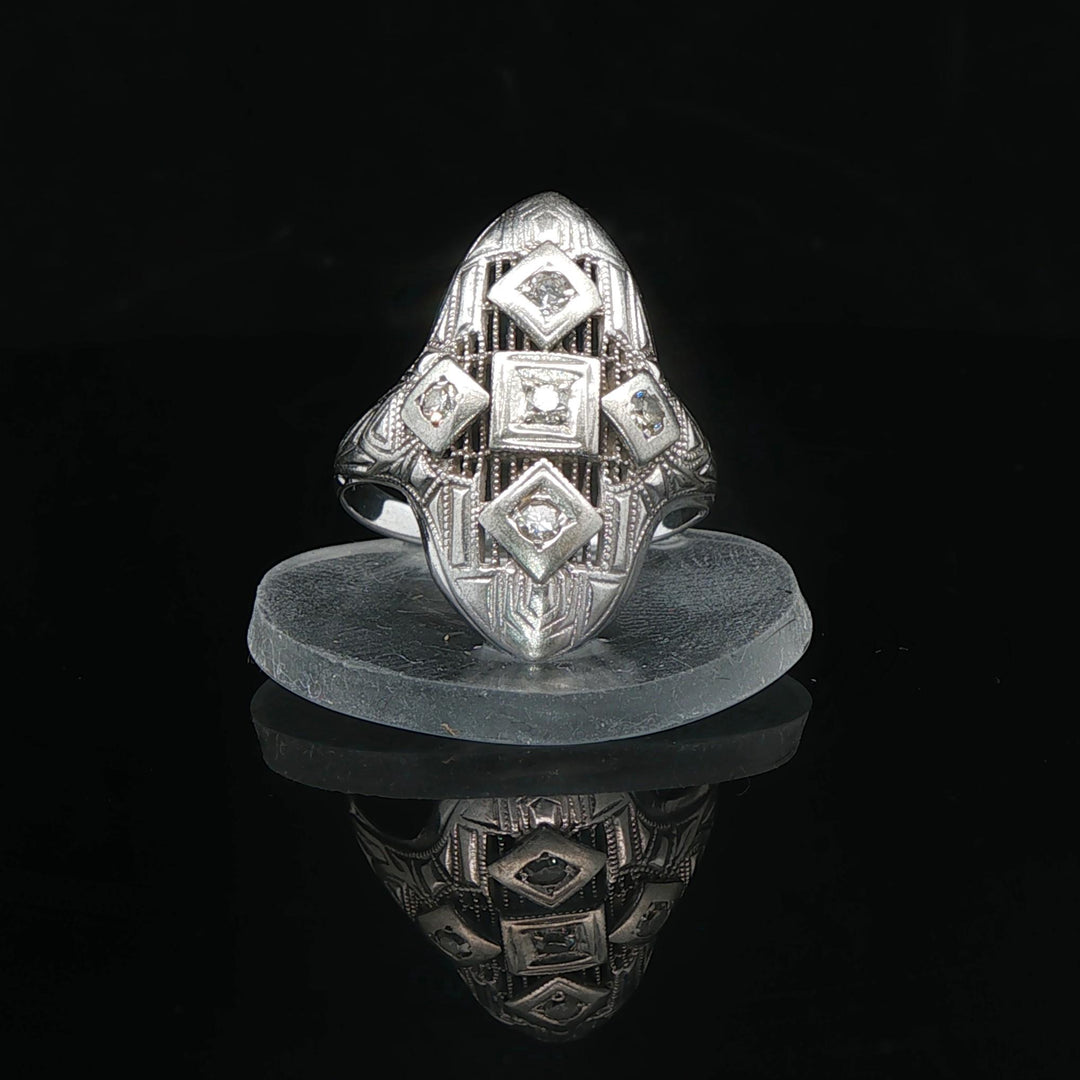 14k White Gold and Diamond Ladies Vintage Filigree Ring Size 3.5
