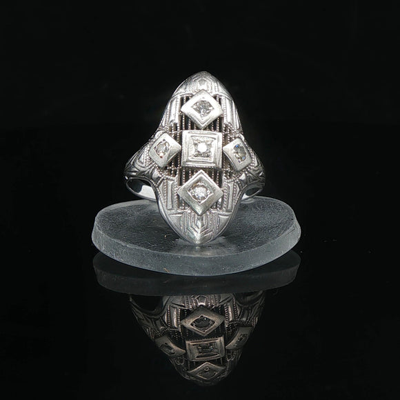 14k White Gold and Diamond Ladies Vintage Filigree Ring Size 3.5