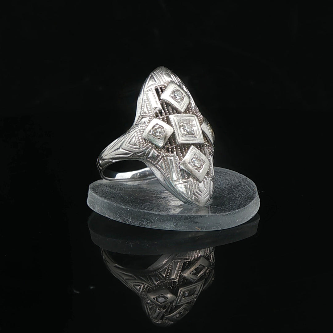 14k White Gold and Diamond Ladies Vintage Filigree Ring Size 3.5