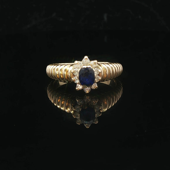 14k Yellow Gold Blue Sapphire and Diamond Ladies Ring Size 8