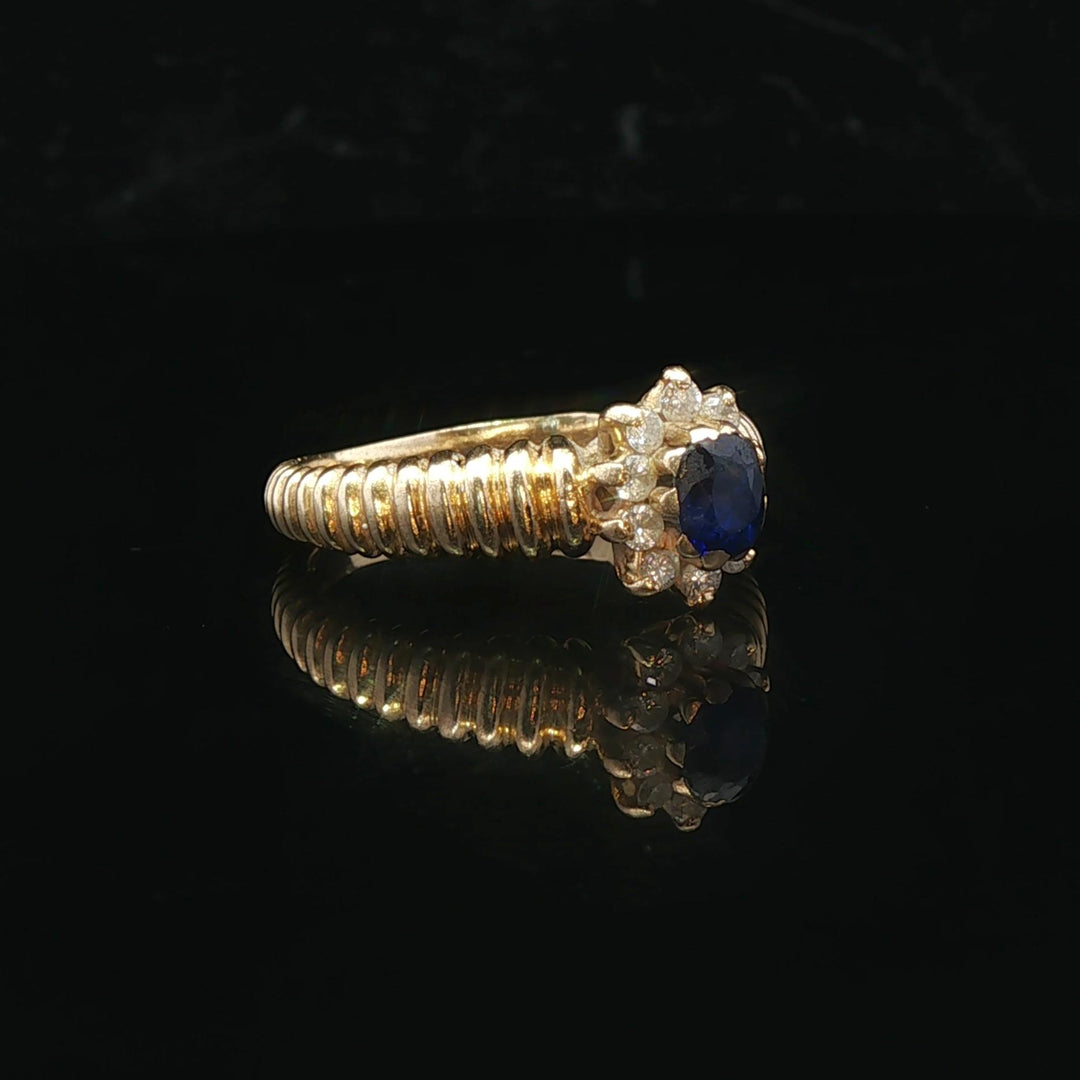 14k Yellow Gold Blue Sapphire and Diamond Ladies Ring Size 8