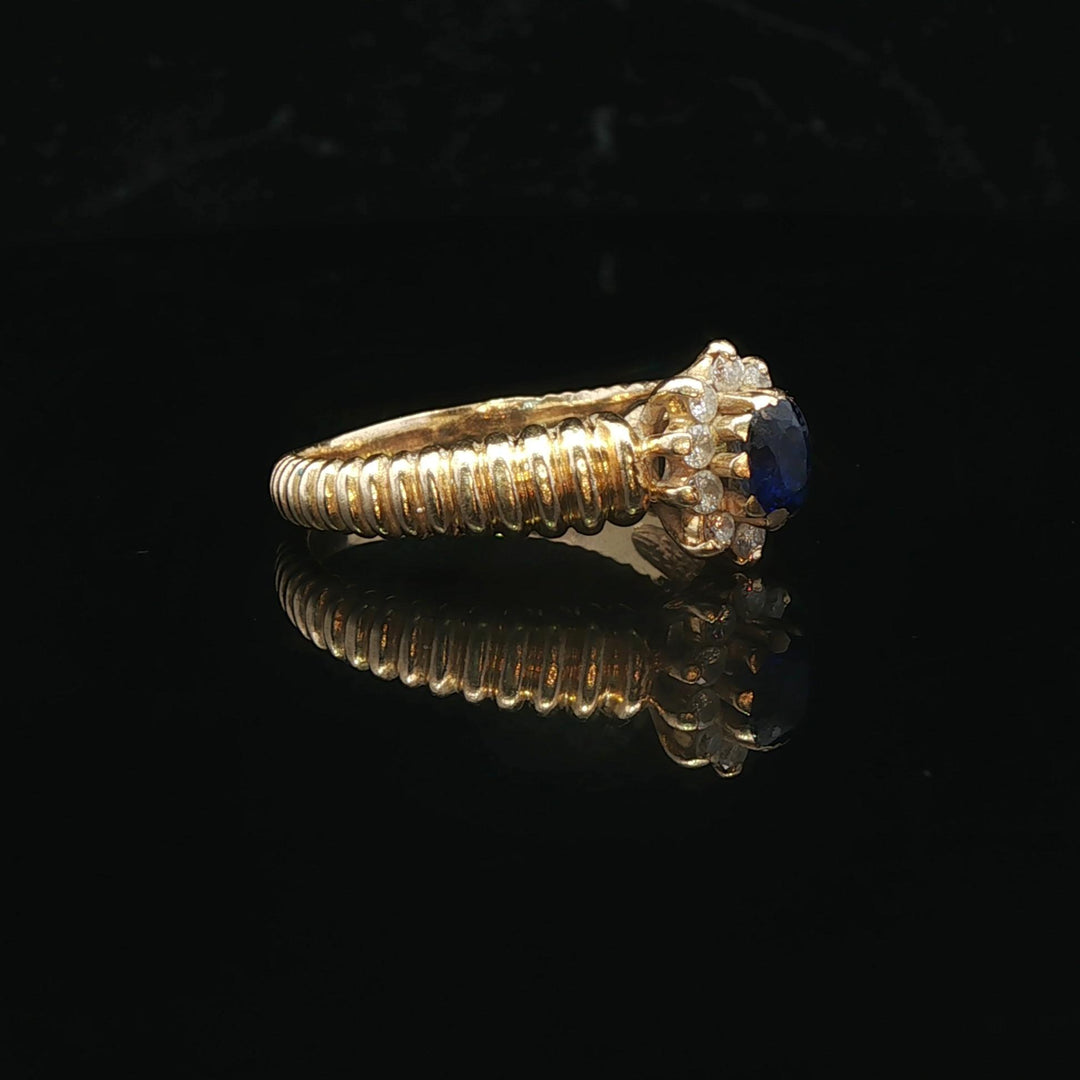 14k Yellow Gold Blue Sapphire and Diamond Ladies Ring Size 8