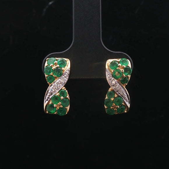 14k Yellow Gold Emerald and Diamond Ribbon Stud Earrings