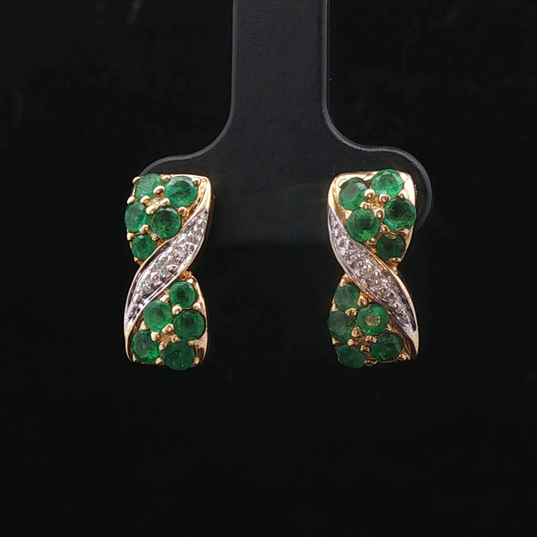 14k Yellow Gold Emerald and Diamond Ribbon Stud Earrings