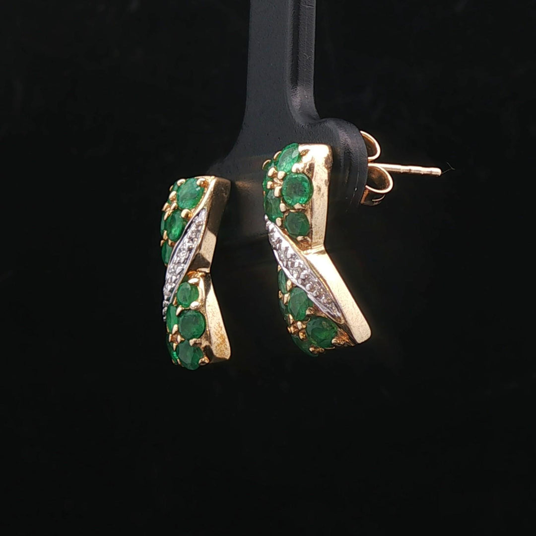 14k Yellow Gold Emerald and Diamond Ribbon Stud Earrings