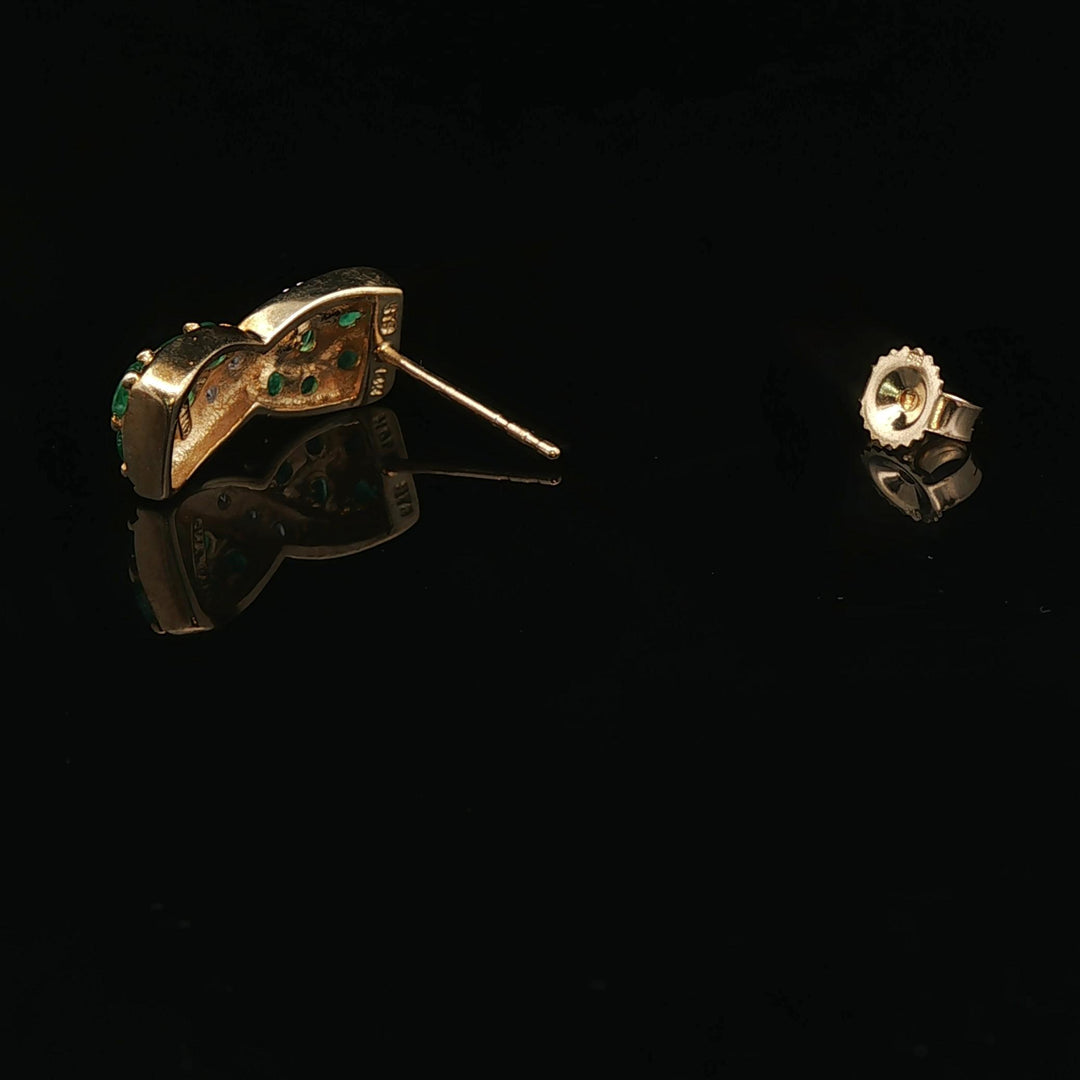 14k Yellow Gold Emerald and Diamond Ribbon Stud Earrings