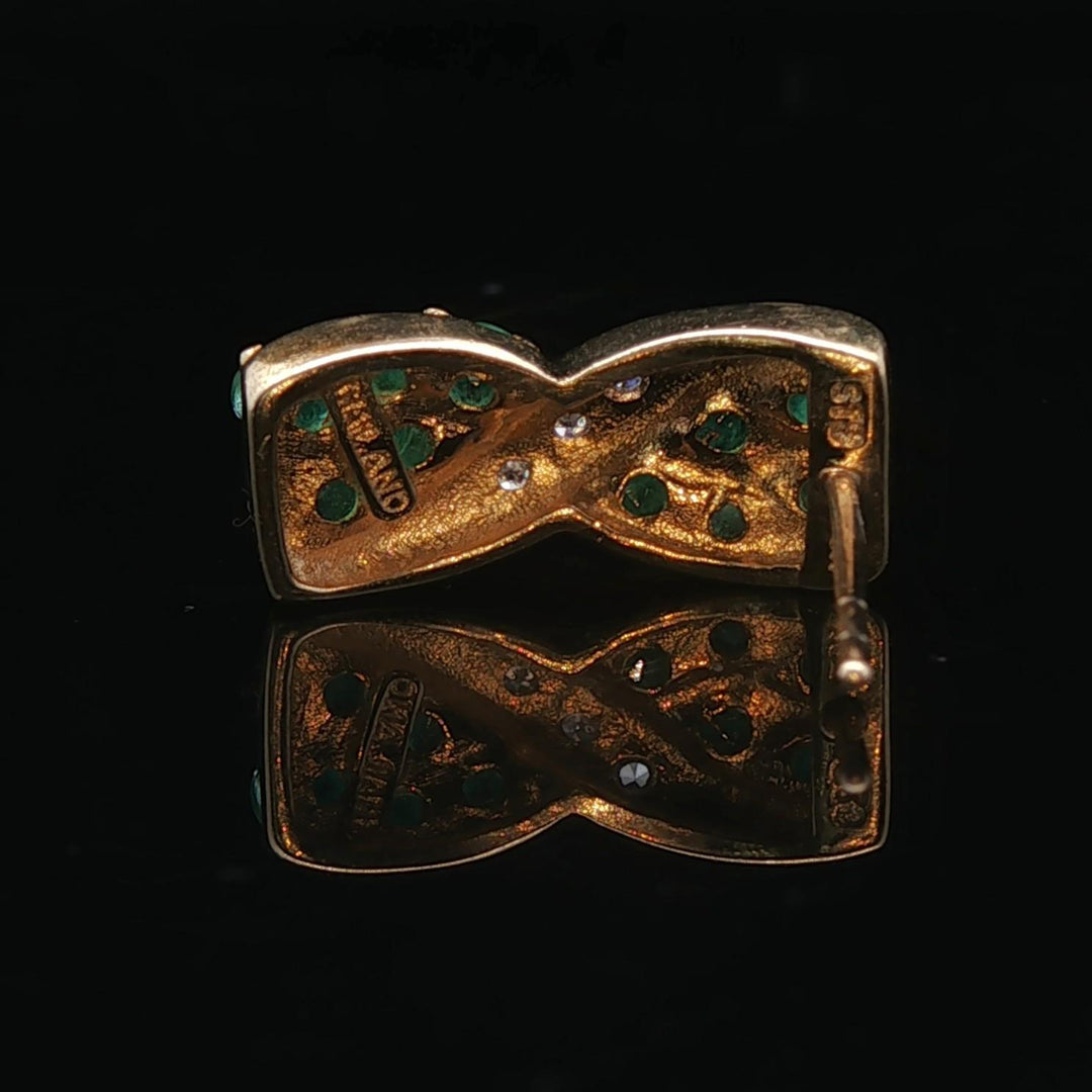 14k Yellow Gold Emerald and Diamond Ribbon Stud Earrings