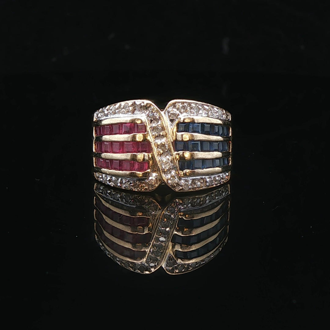 14k Yellow Gold Ruby Sapphire and Diamond Ladies Ring Size 3.75