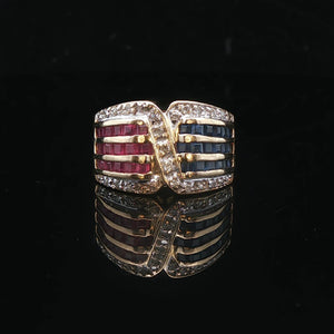 14k Yellow Gold Ruby Sapphire and Diamond Ladies Ring Size 3.75