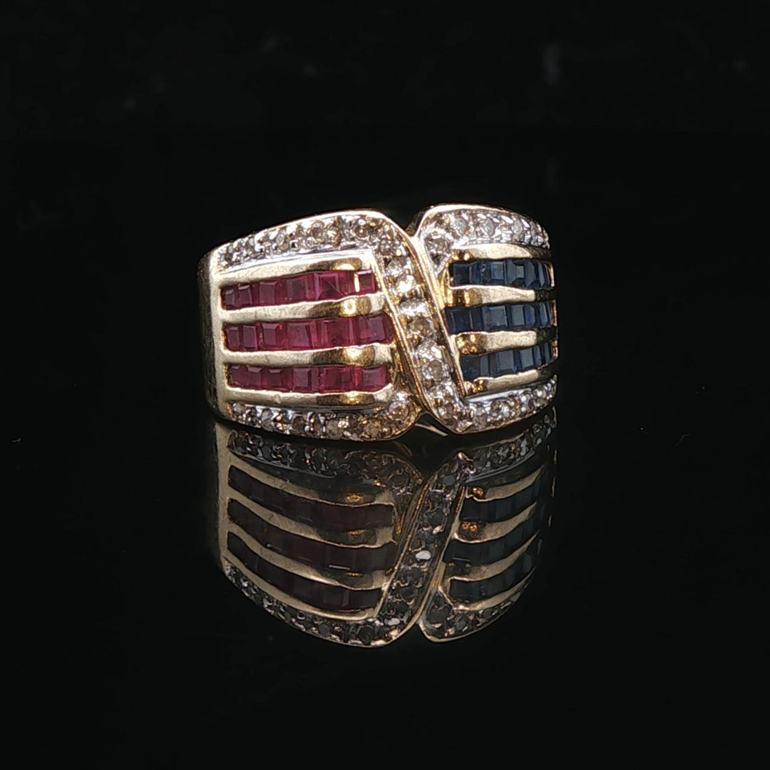 14k Yellow Gold Ruby Sapphire and Diamond Ladies Ring Size 3.75