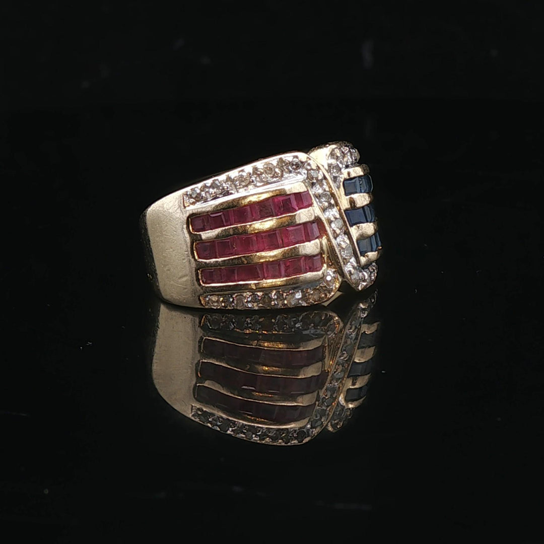 14k Yellow Gold Ruby Sapphire and Diamond Ladies Ring Size 3.75