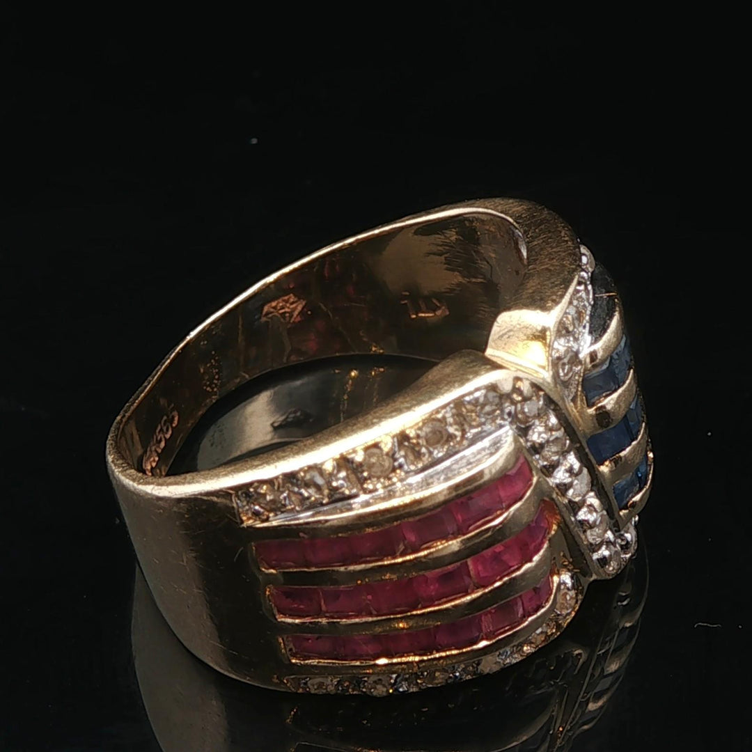14k Yellow Gold Ruby Sapphire and Diamond Ladies Ring Size 3.75
