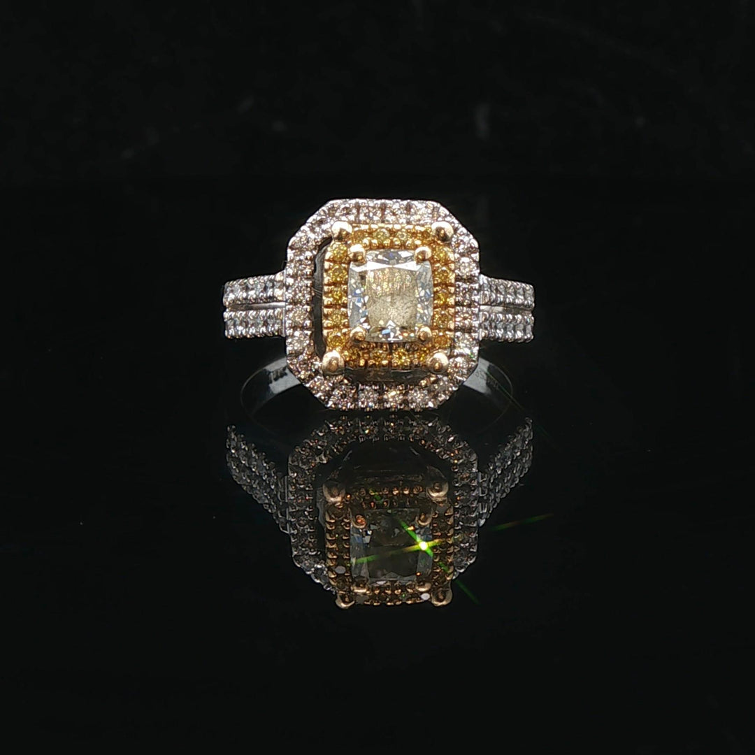 18k Two Tone Gold and 1.26cttw White and Yellow Diamond Halo Ring Size 6.5