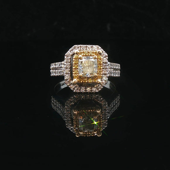 18k Two Tone Gold and 1.26cttw White and Yellow Diamond Halo Ring Size 6.5