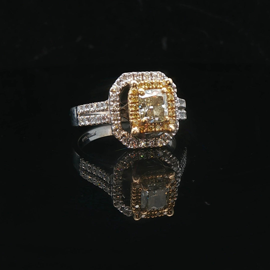 18k Two Tone Gold and 1.26cttw White and Yellow Diamond Halo Ring Size 6.5