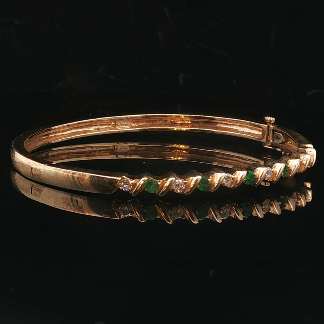14k Yellow Gold Emerald and Diamond 16g Solid Bangle Bracelet 6.5"