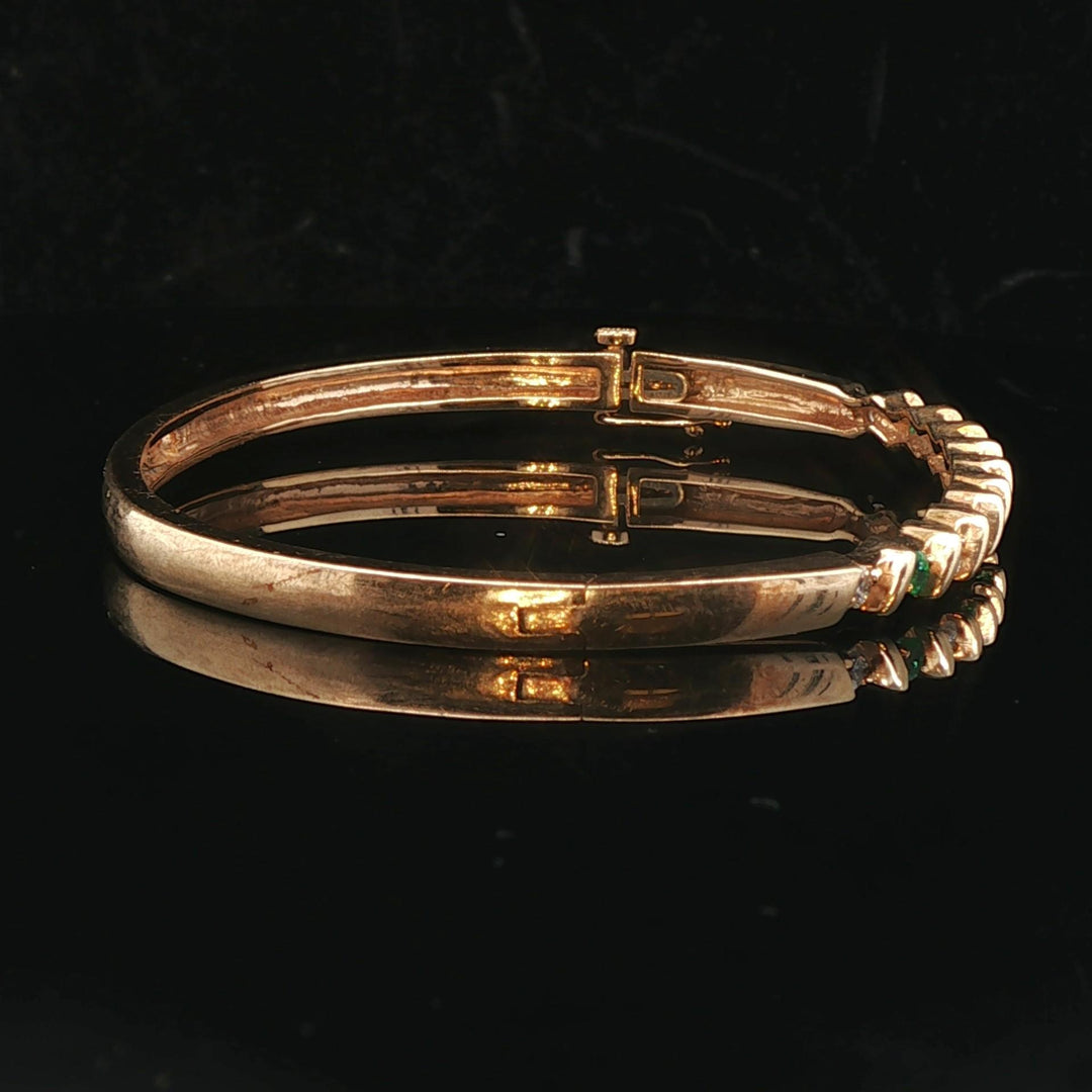 14k Yellow Gold Emerald and Diamond 16g Solid Bangle Bracelet 6.5"