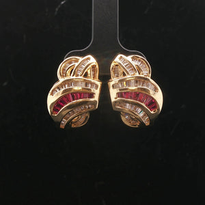 14k Yellow Gold Baguette Ruby and 2cttw Diamond Heavy Fancy Earrings