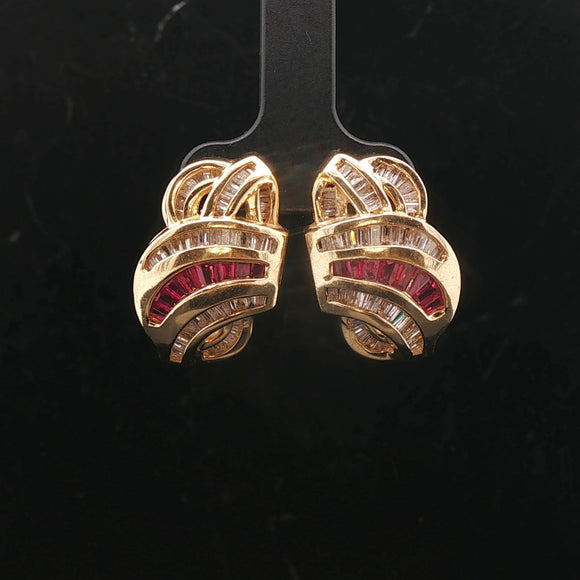 14k Yellow Gold Baguette Ruby and 2cttw Diamond Heavy Fancy Earrings