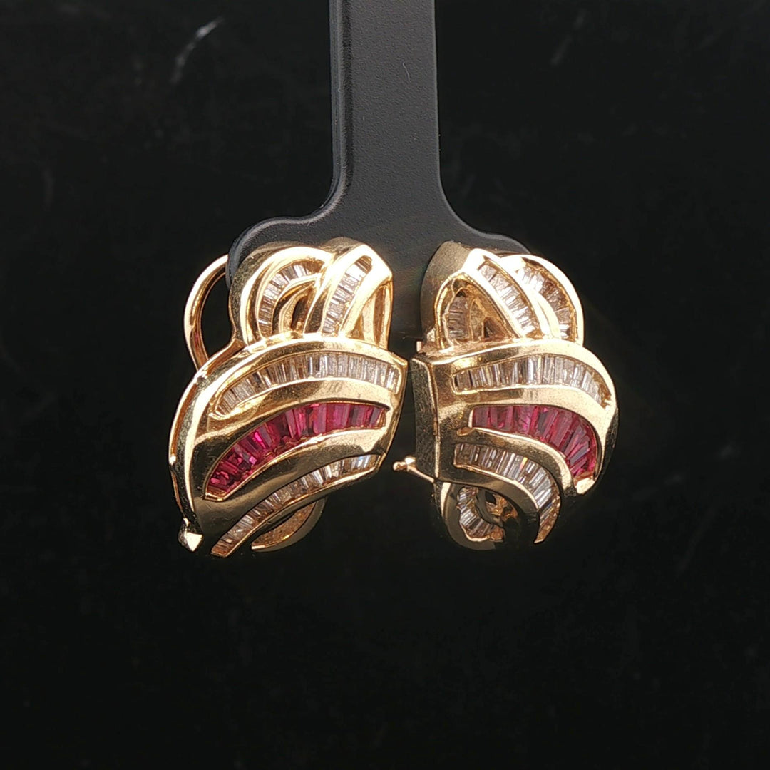14k Yellow Gold Baguette Ruby and 2cttw Diamond Heavy Fancy Earrings