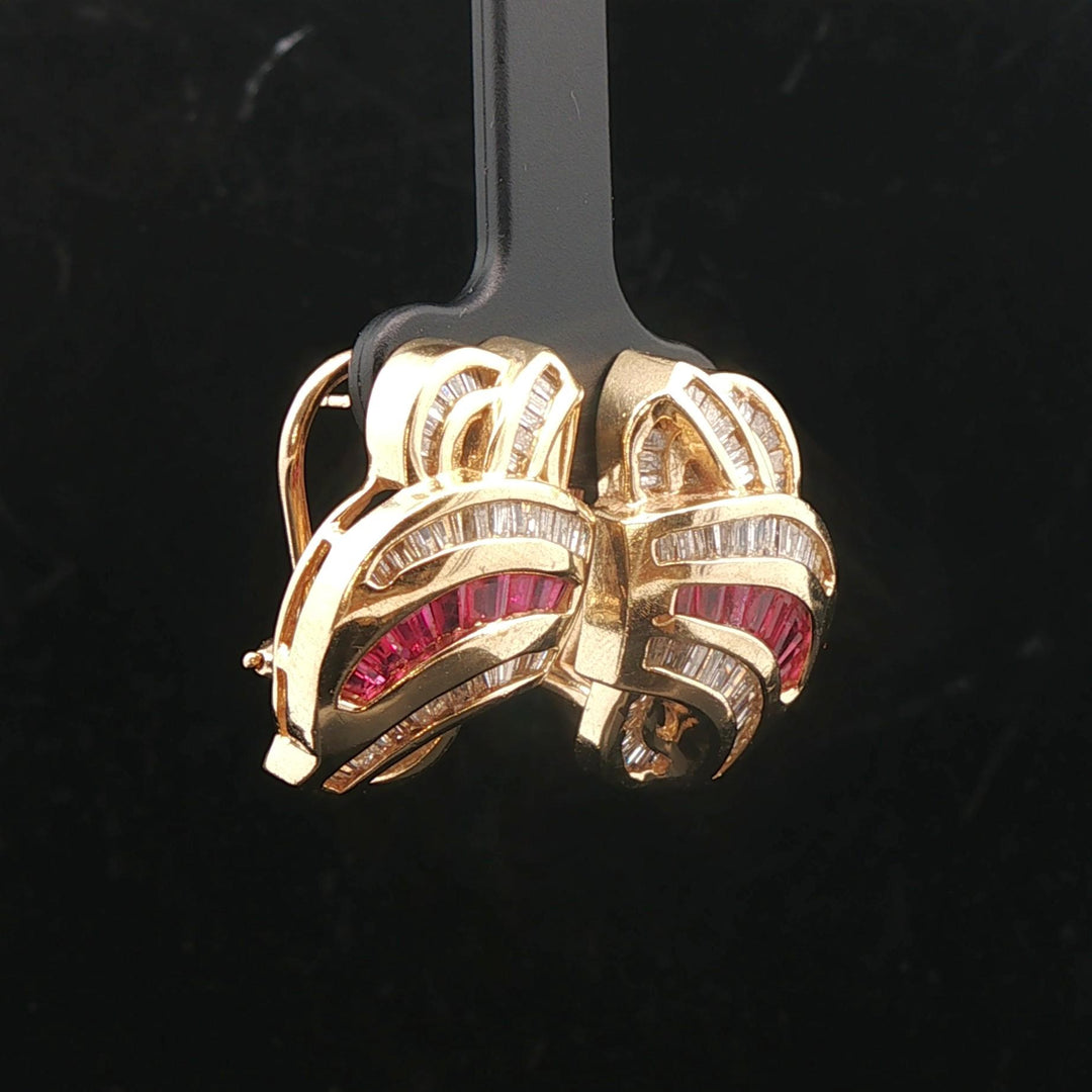 14k Yellow Gold Baguette Ruby and 2cttw Diamond Heavy Fancy Earrings