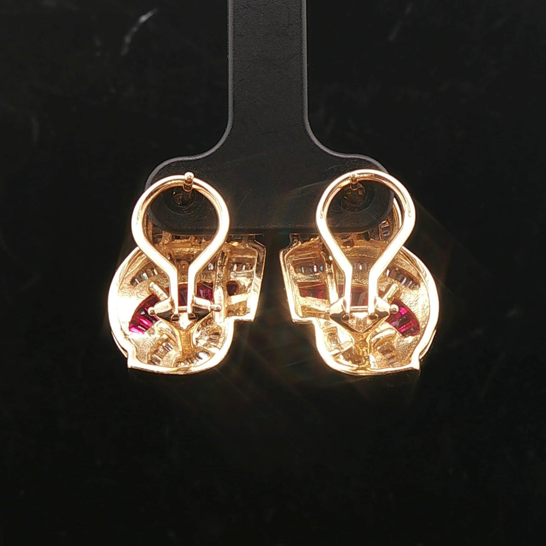 14k Yellow Gold Baguette Ruby and 2cttw Diamond Heavy Fancy Earrings